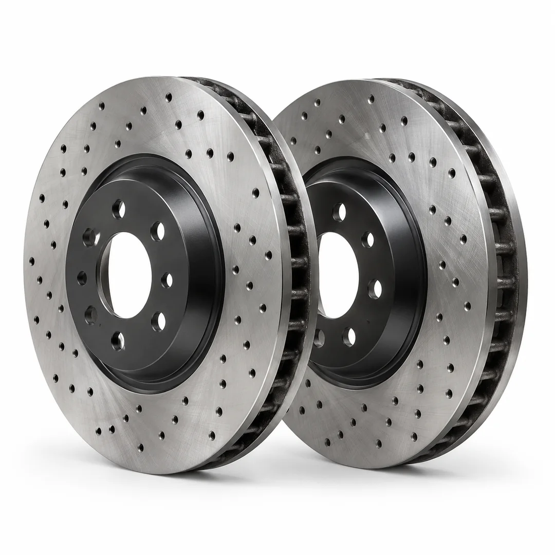 Pair of drilled and vented heavy-duty brake rotors for armored vehicles