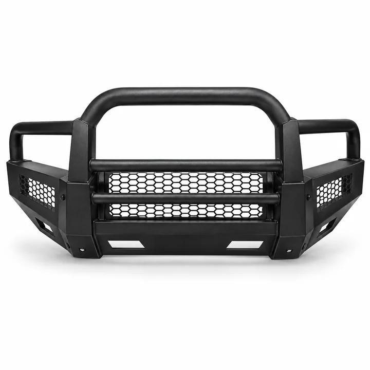 Full width armored vehicle bull bar front bumper with side protection tubes and mesh grille sections