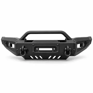 Low profile armored vehicle recovery front bumper with D-ring mounts and central winch opening