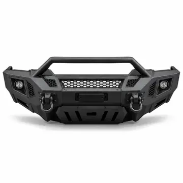 Heavy-duty armored vehicle recovery front bumper with integrated LED lights and D-ring recovery mounts