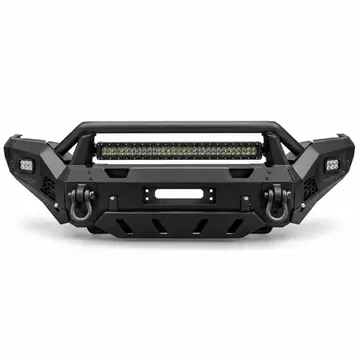 Armored vehicle recovery front bumper with integrated LED light bar auxiliary lights and D-ring mounts