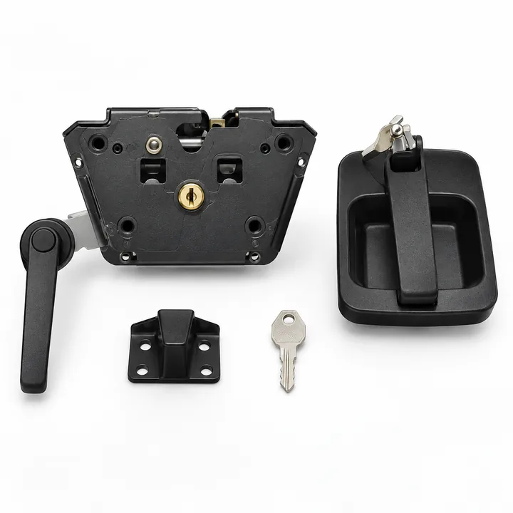 Black APC door lock and handle set with latch mechanism handle striker and key on white background