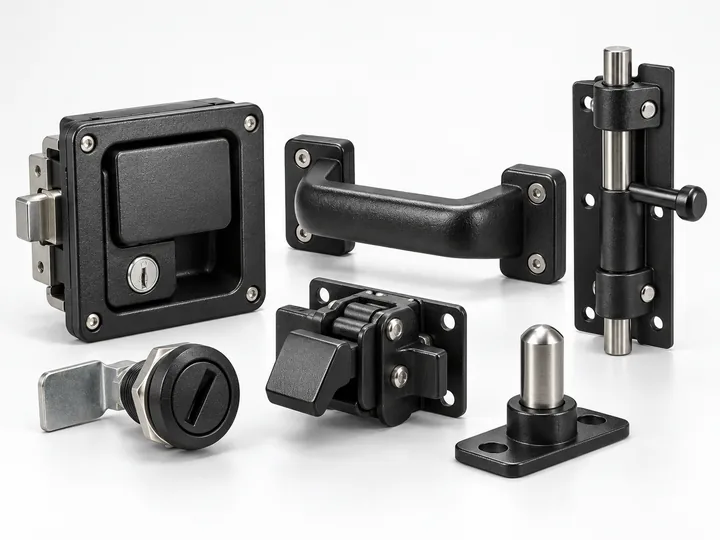Assorted armored vehicle door hardware kit with recessed lock pull handle latch cam lock and pin on white background