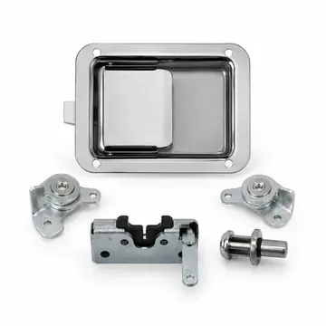 Stainless steel bulkhead paddle lock set with rotary latches and striker hardware on white background