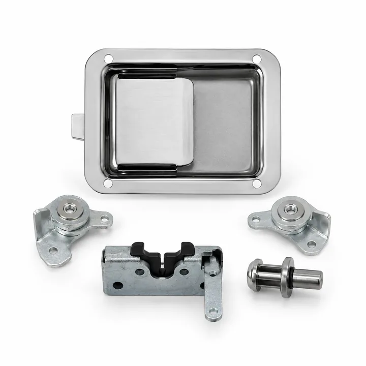 Stainless steel bulkhead paddle lock set with rotary latches and striker hardware on white background