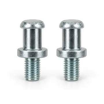 Pair of zinc plated threaded door striker bolts on white background