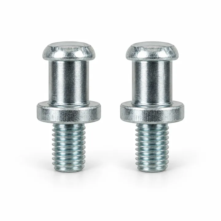 Pair of zinc plated threaded door striker bolts on white background