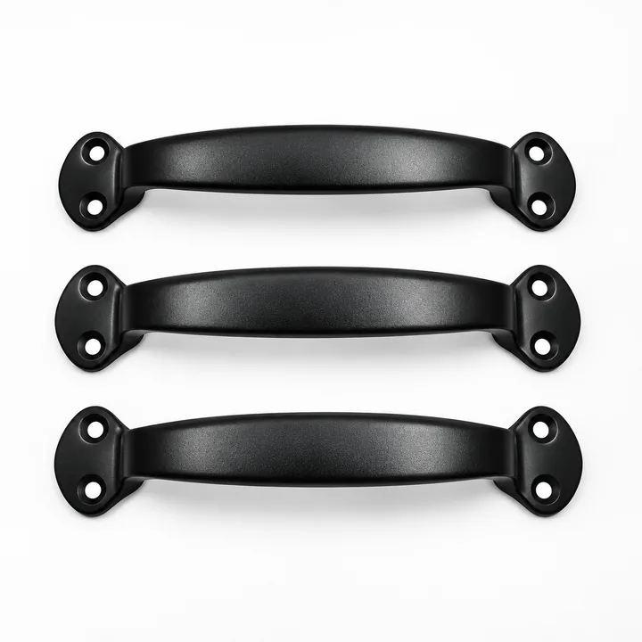 Three black heavy-duty fixed pull handles with mounting holes on white background