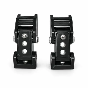 Pair of black heavy-duty over-center hood latches on white background
