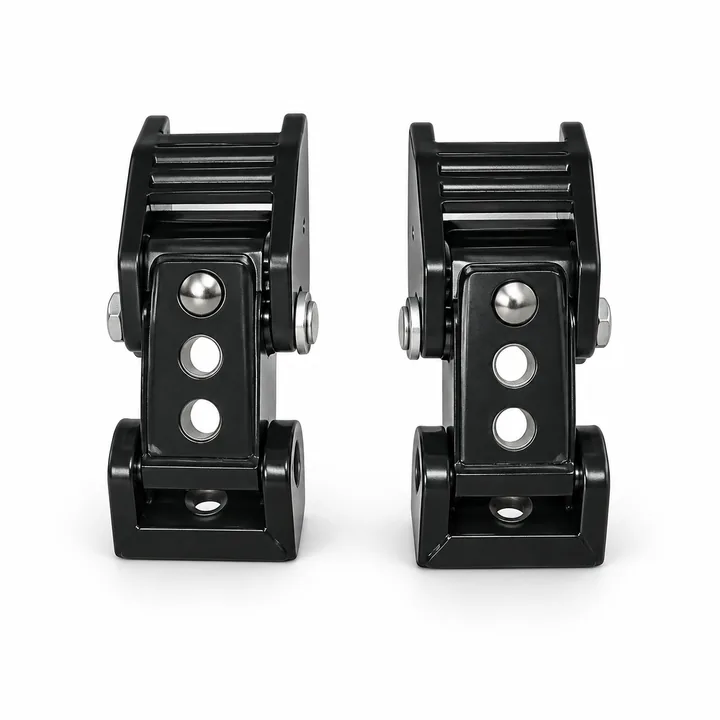 Pair of black heavy-duty over-center hood latches on white background