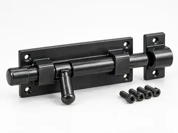 Black heavy-duty sliding tower bolt with mounting plate and four fasteners on white background