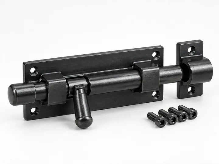 Black heavy-duty sliding tower bolt with mounting plate and four fasteners on white background