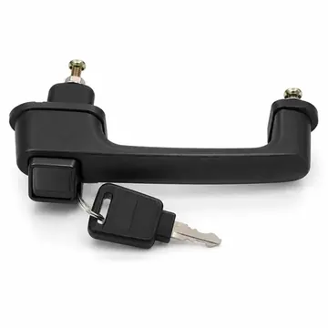 Black push-button locking vehicle door handle with key on white background