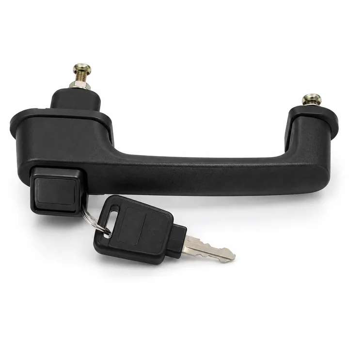Black push-button locking vehicle door handle with key on white background