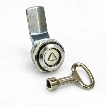 Metal quarter-turn cam lock with removable T-key on white background