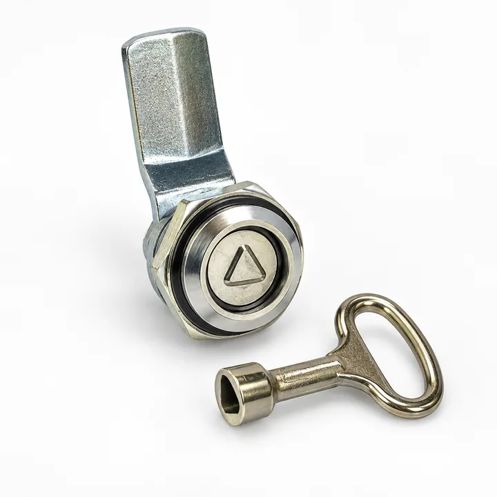 Metal quarter-turn cam lock with removable T-key on white background