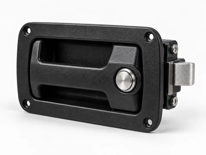 Black recessed push-button paddle latch with metal latch tongue on white background