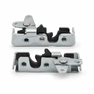 Pair of zinc plated rotary door latch assemblies with black latch inserts on white background