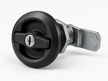 Black round keyed quarter-turn cam lock with metal cam arm on white background