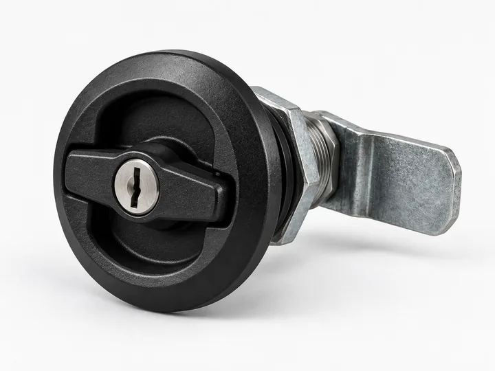 Black round keyed quarter-turn cam lock with metal cam arm on white background