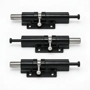 Three black spring-loaded tower bolt locks for armored vehicle doors on white background