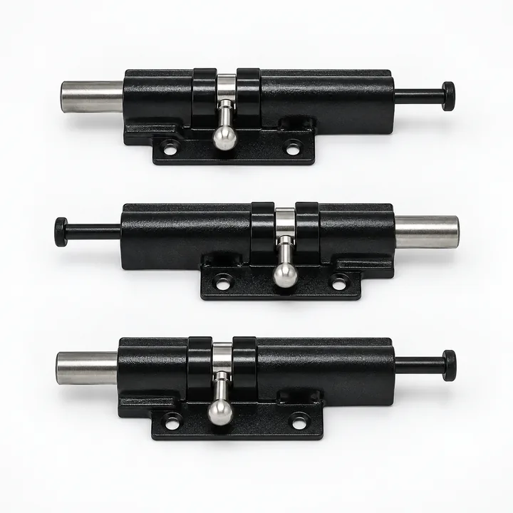 Three black spring-loaded tower bolt locks for armored vehicle doors on white background