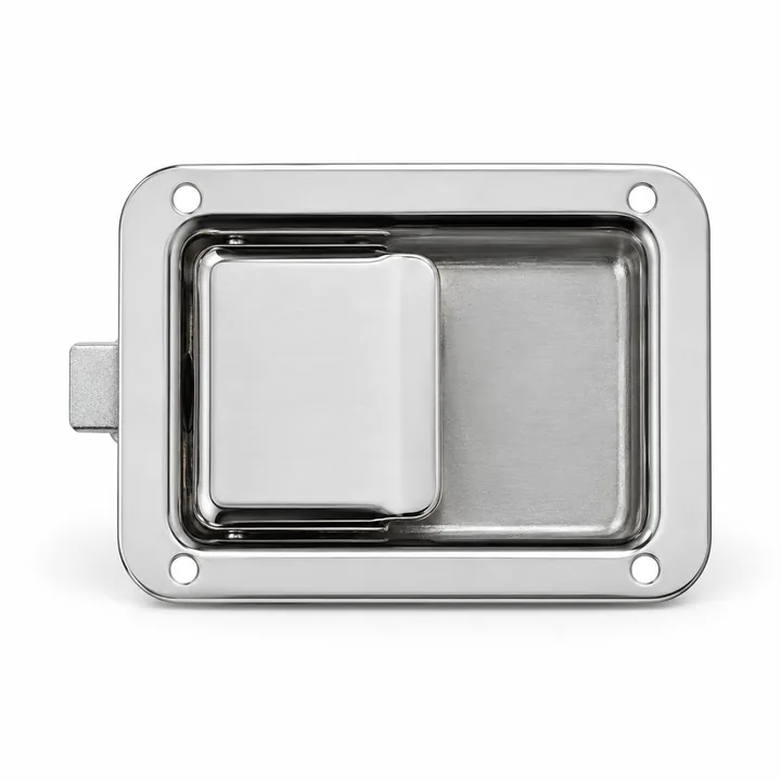 Stainless steel flush mount paddle lock on white background