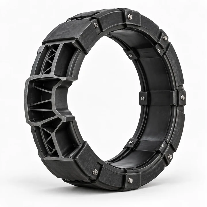 Heavy-duty armored vehicle run-flat support ring on white background