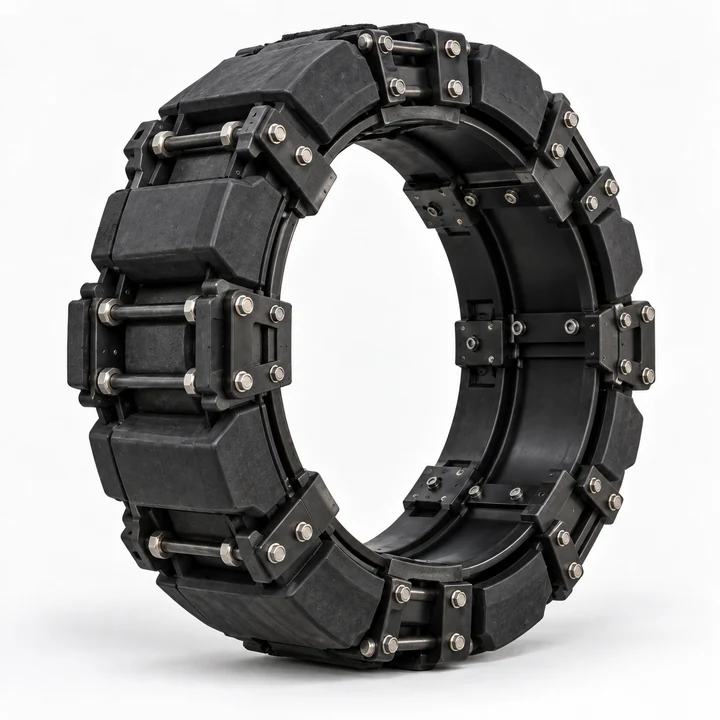 Heavy-duty segmented armored vehicle run-flat ring on white background