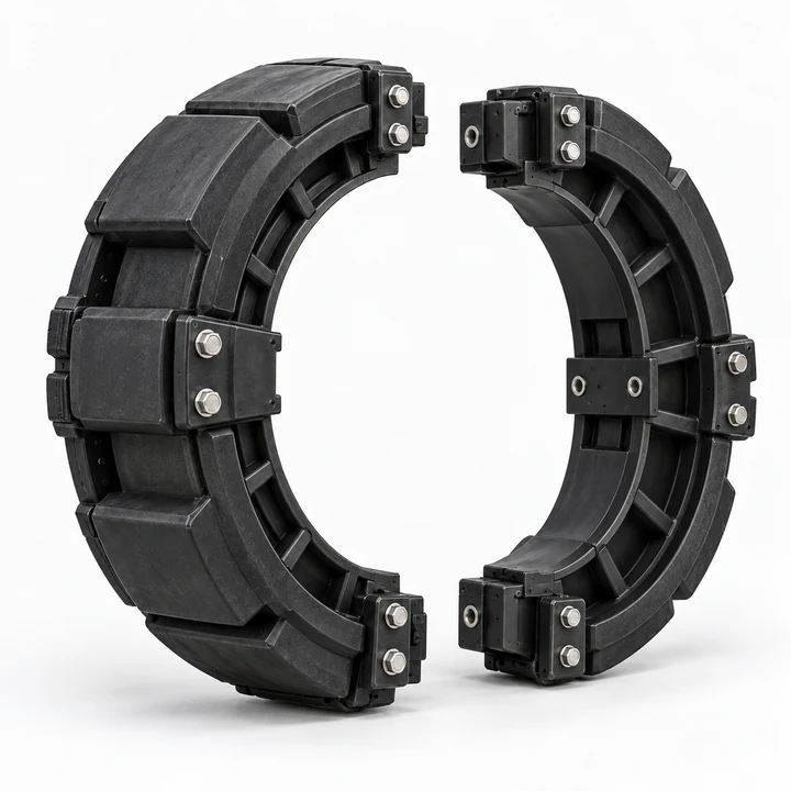 Industrial run-flat ring segment set with clamping hardware on white background