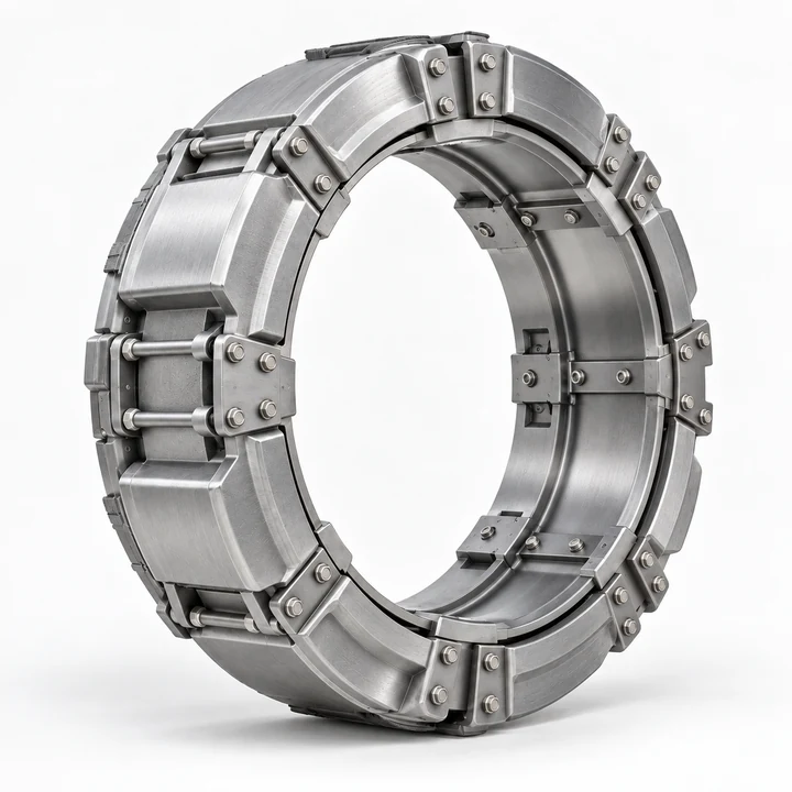 Metal-reinforced run-flat ring assembly for armored vehicles on white background