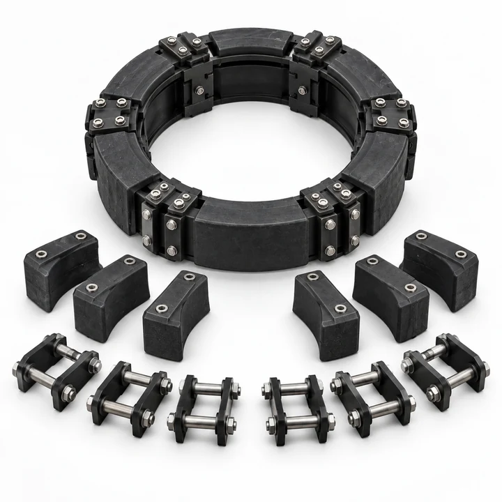 Complete run-flat system installation kit with ring and hardware on white background