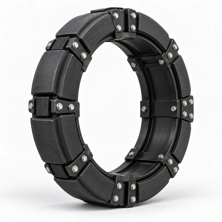 Segmented reinforced run-flat ring for heavy-duty wheel systems on white background