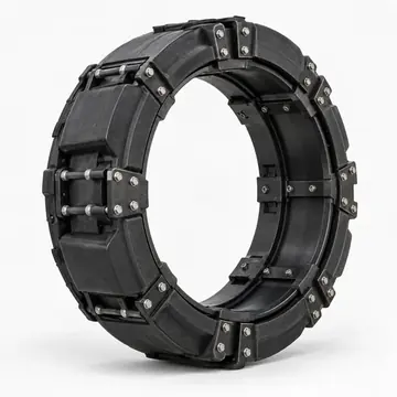 Split run-flat ring assembly for armored vehicle wheel systems on white background