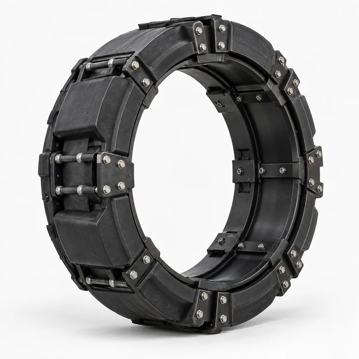 Split run-flat ring assembly for armored vehicle wheel systems on white background