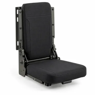 Black fold-down tactical vehicle seat with metal mounting frame on white background
