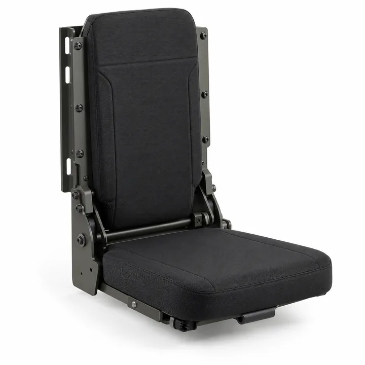 Black fold-down tactical vehicle seat with metal mounting frame on white background