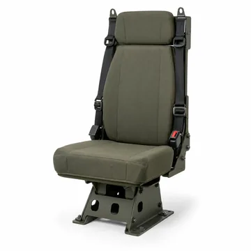 Olive green heavy-duty crew seat with integrated restraint belts and pedestal base on white background
