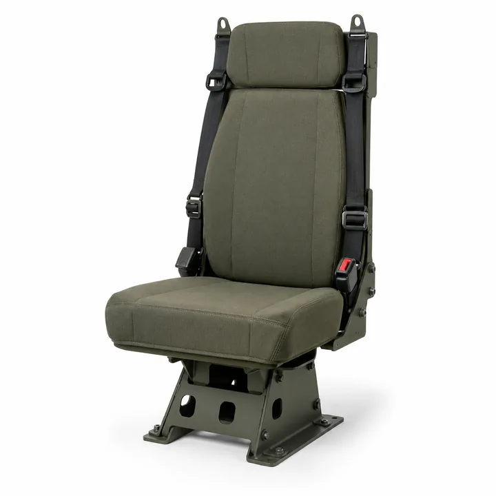 Olive green heavy-duty crew seat with integrated restraint belts and pedestal base on white background