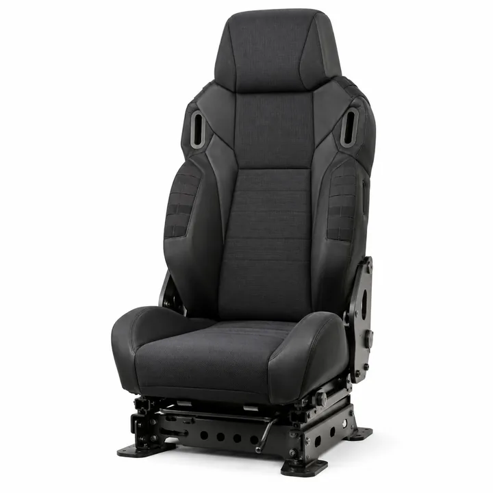 Black high-back heavy-duty bucket seat with contoured side bolsters and metal mounting base on white background