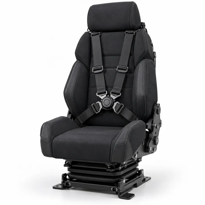 Black tactical vehicle seat with five point harness and heavy-duty suspension style base on white background