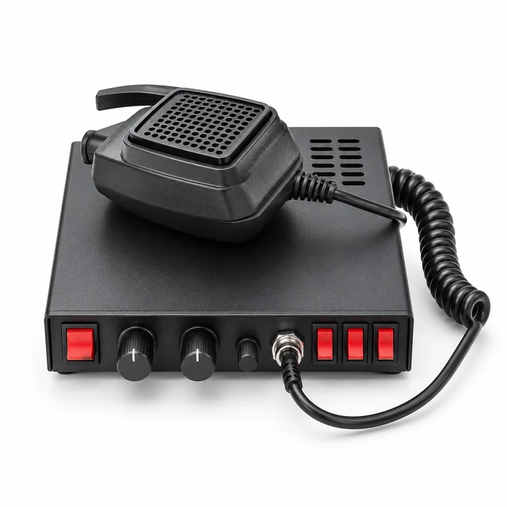 Vehicle siren control amplifier unit with wired hand microphone and control switches