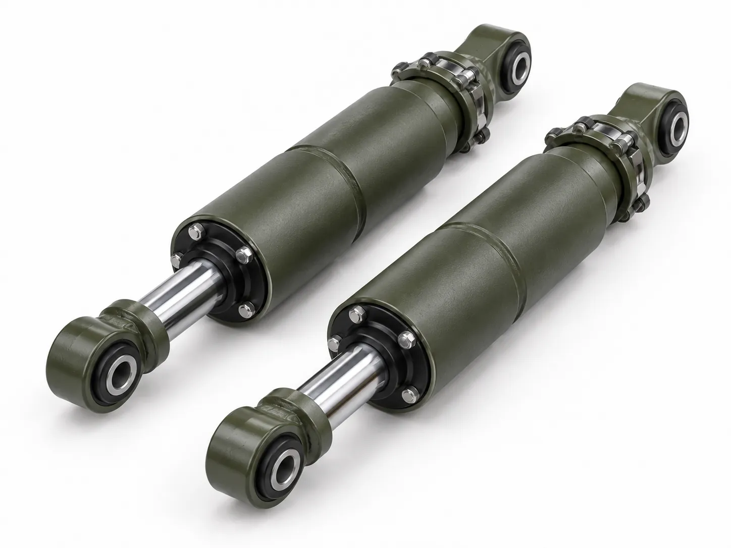 Pair of heavy-duty shock absorbers for armored vehicle suspension