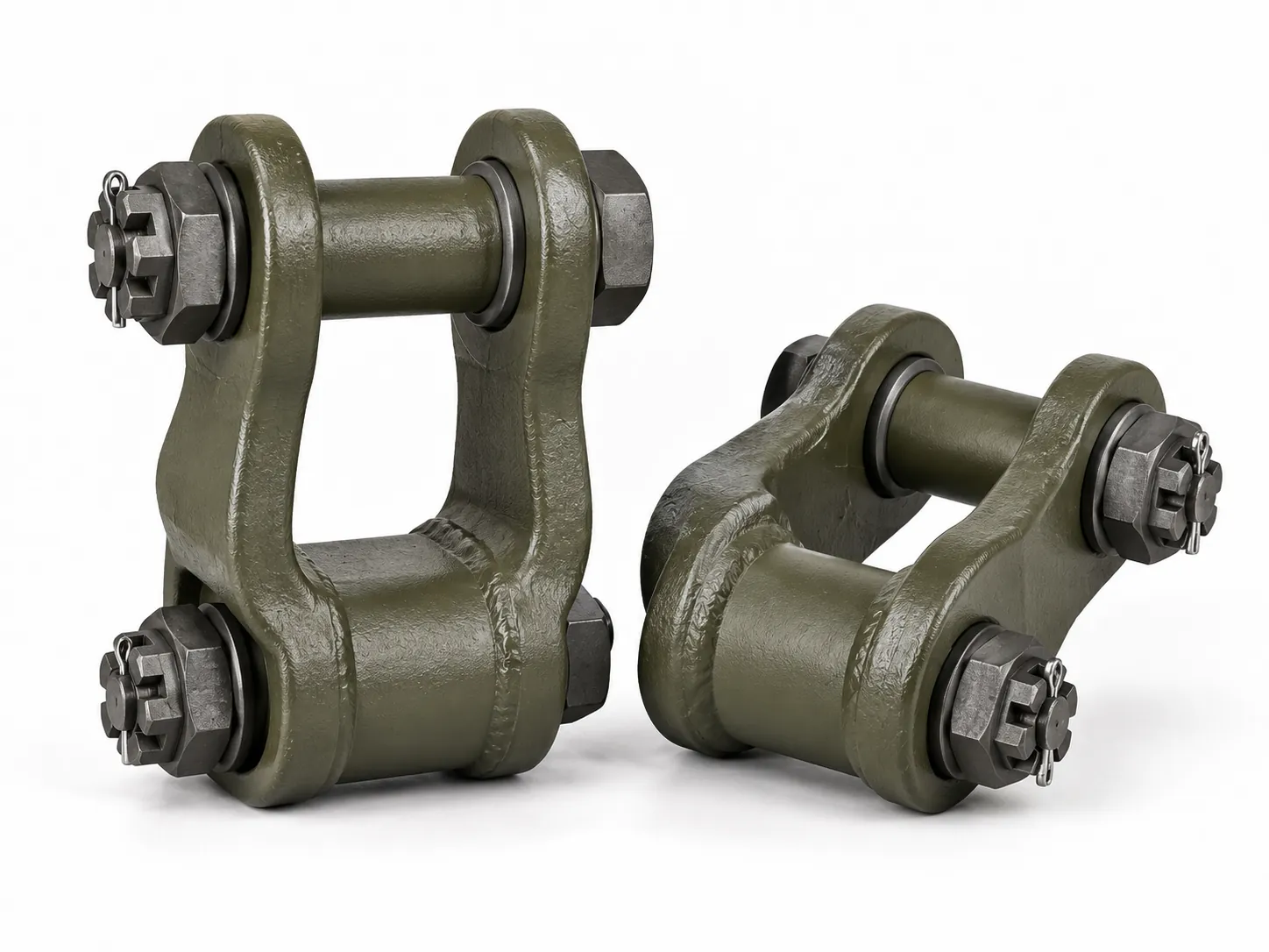 Heavy-duty leaf spring shackle assemblies for armored vehicles