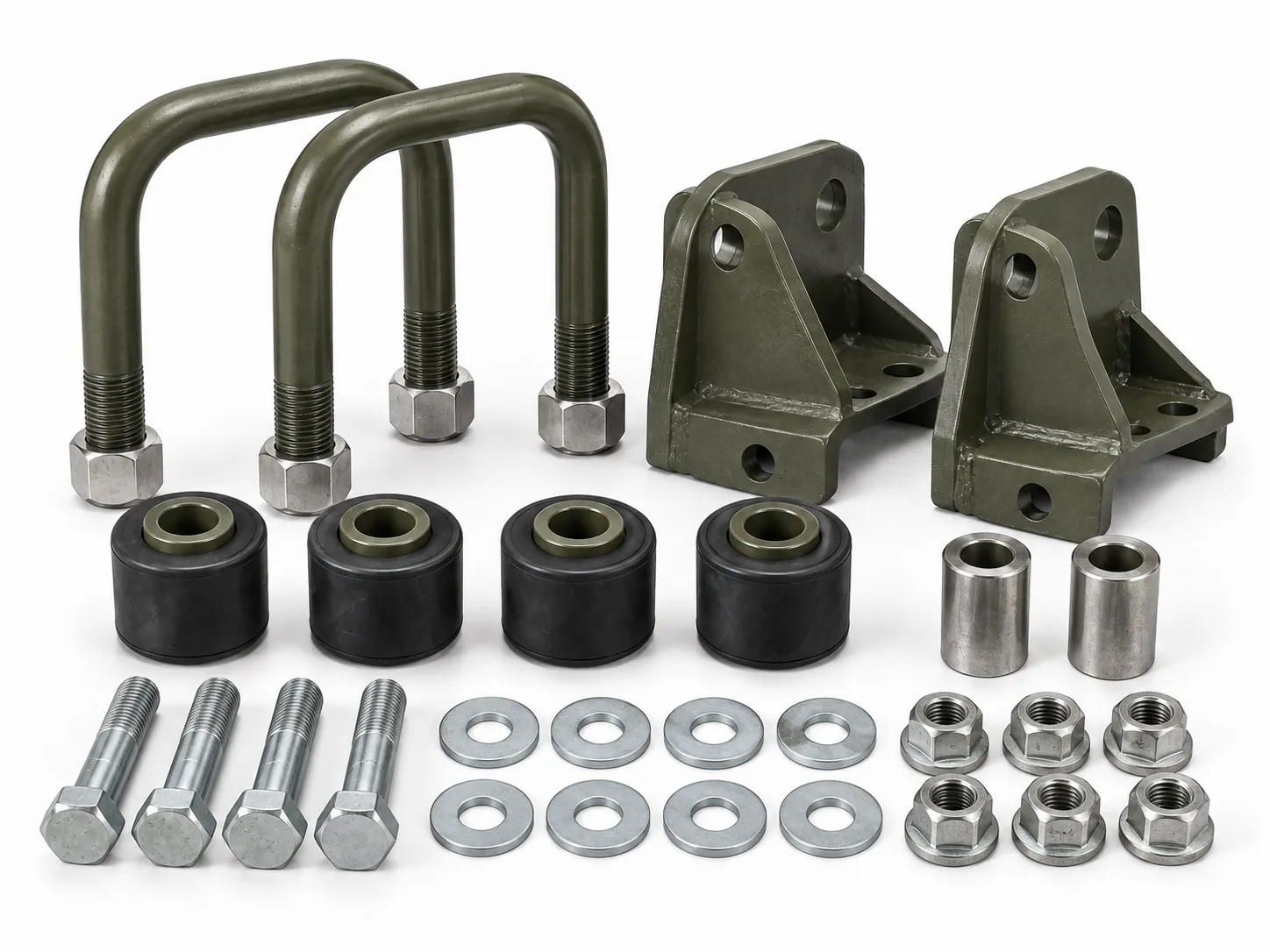 Leaf spring U-bolt bushing and mounting hardware kit for armored vehicles