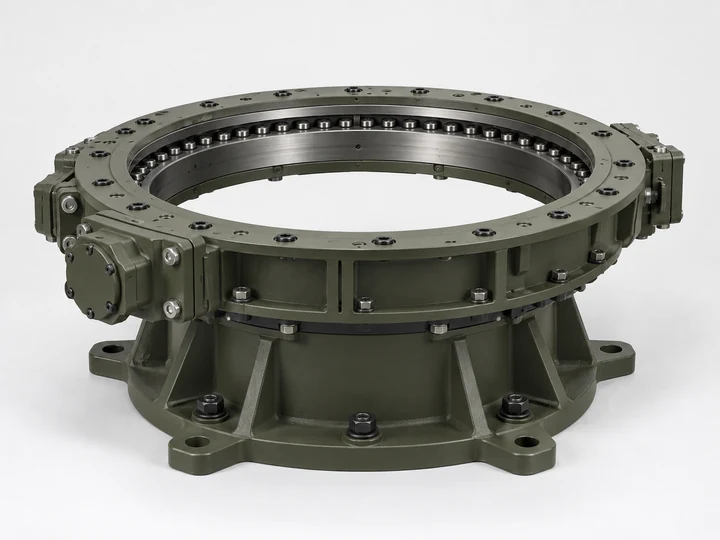 Black mounted turret rotation bearing assembly on white background