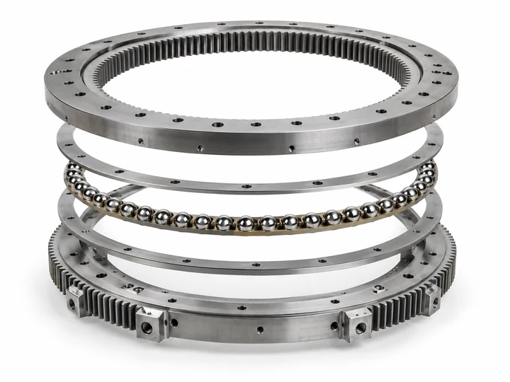 Exploded slewing bearing assembly with rings and rolling elements on white background