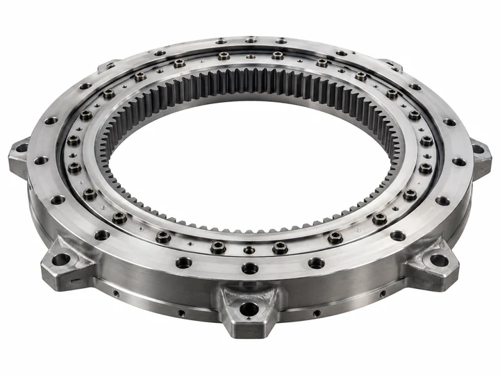 Heavy-duty flanged turret slewing bearing with internal gear on white background