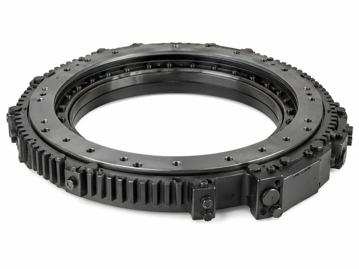 Low-profile internal gear slewing bearing on white background
