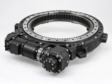 Motorized turret slewing bearing system with gearbox on white background
